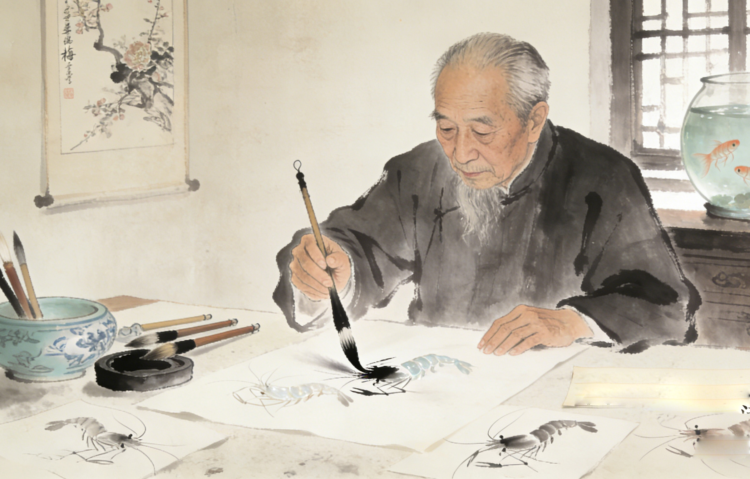 《虾儿水中游——齐白石》